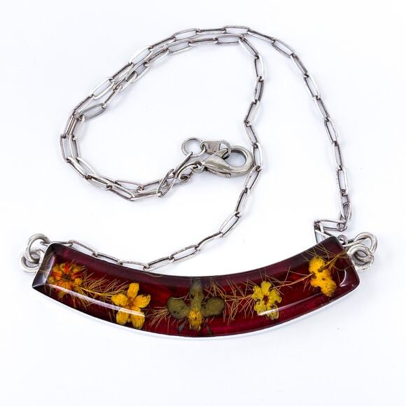 Vintage Sterling Silver Pressed Flower Bar Necklace | Real Botanical Jewelry 16" - Picture 3 of 7